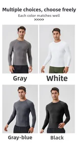 Detailed view of four colors of men's compression shirts for fitness and running