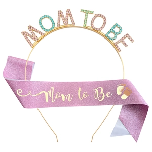 Golden MOM TO BE crystal headband and pink glitter sash set for baby shower parties