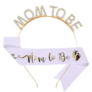 Golden Mom To Be headband with crystals and light purple glitter sash for baby shower