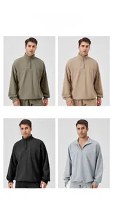 Men's half-zip sweatshirt collage showing khaki, beige, black, and heather grey color options