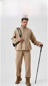 Close-up of khaki outdoor men's half-zip sweatshirt and drawstring joggers suit