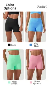 Collage of high-waist yoga shorts in black, aqua blue, green, and pink color options