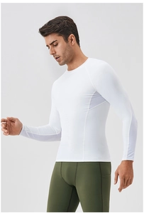 Detail view of men's compression top with white breathable mesh splicing and round neck