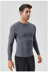 Men's dark grey compression shirt with breathable mesh panels for outdoor fitness training