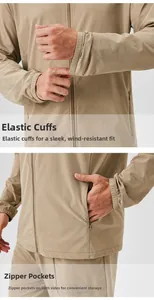 Détails de la veste kaki pour homme avec poignets coupe-vent et poches zippées invisibles