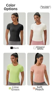 Comparaison détaillée de t-shirts de yoga ajustés en noir, blanc amande, vert et pêche