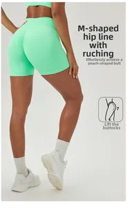 Detail of mint green high waist yoga shorts with back scrunch design for lifting effect