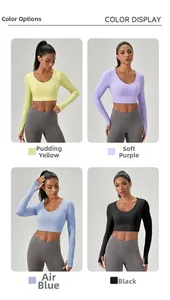 Détails du crop top de yoga à manches longues en noir, bleu, violet et jaune