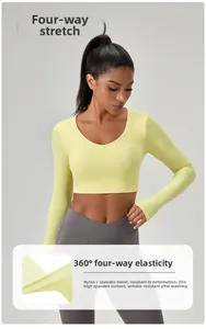 Détail du haut court de yoga jaune avec 25% d'élasthanne pour une élasticité totale