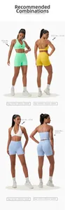Detail showing various high-waisted scrunch butt yoga shorts and matching sports bras