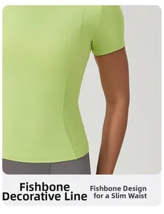 Détail du haut de yoga vert fluo avec coutures en forme d'arête pour un effet amincissant