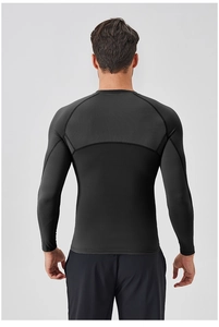 Detailed back view of men's compression shirt featuring breathable mesh panels for cooling