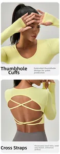 Détail des poignets passe-pouce et du dos croisé sur ce haut de yoga jaune