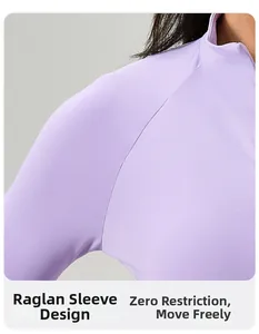 Detailansicht des lavendelfarbenen Yoga-Tops mit professioneller Raglanärmel-Naht