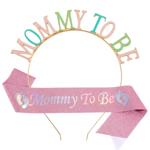 Pink glittery Mommy To Be sash and colorful enamel tiara set for baby shower parties