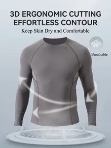 Men's breathable grey compression long sleeve sports shirt with 3D ergonomic cut design
