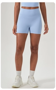 Detail view of high waist seamless yoga shorts in sky blue with compression fabric