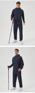 Détails de la veste de sport bleu marine avec capuche et pantalon assorti pour l'extérieur
