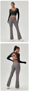 Détail du haut de yoga à dos croisé et pantalon évasé à taille en V