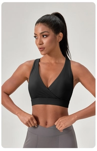 Detail von schwarzem Sport-BH mit tiefem V-Ausschnitt, breitem Unterbrustband und Kreuzdesign