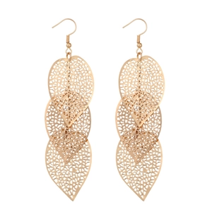 Elegant gold long hollow leaf earrings with triple-layered filigree pattern for women