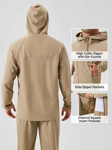 Coupe-vent extérieur kaki pour hommes avec poches zippées et col montant à capuche