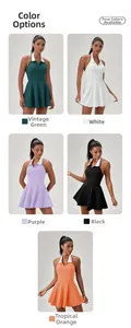 Detailed color options of halter neck polo tennis dresses in green, white, purple, and black