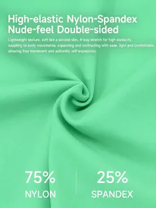 High-waist green yoga shorts in 75% Nylon and 25% Spandex stretch fabric texture