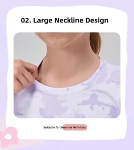 Détail de l'encolure large sur ce t-shirt de sport camouflage violet à séchage rapide