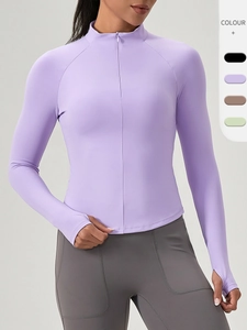 Damen Halbreißverschluss Yoga Top Stehkragen Langarm Sport Fitness Shirt Schnelltrocknend Slim Fit Running Gym Wear Mit Daumenlöchern