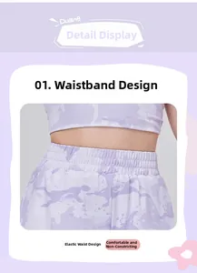 Dettaglio dell'elastico in vita alta sui pantaloncini sportivi mimetici viola bimbo