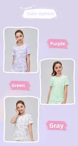 Choix de couleurs pour t-shirts de sport enfant camouflage en violet, vert et gris