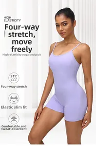 Detail of purple yoga romper showing high elasticity fabric and slimming fit design