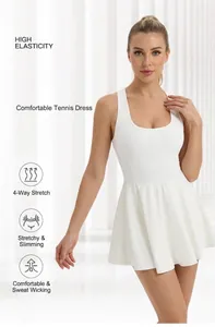 Detail of white sleeveless tennis dress featuring a pleated skirt and high elasticity fabric