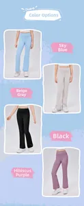 Detailansicht der ausgestellten Yoga-Hose in Blau, Grau, Schwarz und Lila mit hohem Bund