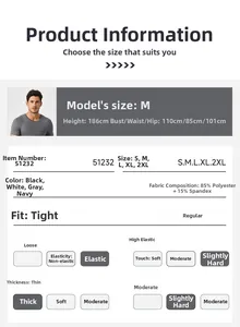 Detailed size chart and fabric specs for men's high-stretch 85% polyester fitness shirt
