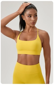 Détail d'un ensemble de yoga jaune avec brassière et legging en tissu élastique respirant