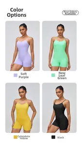 Macro display of slim strap yoga bodysuit in purple, green, yellow and black colors