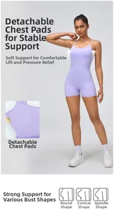 Macro shot of removable chest pads on a lavender one-piece yoga bodysuit for women