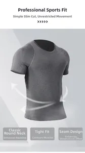 Close-up of gray heathered men's compression shirt with ergonomic muscle seam details