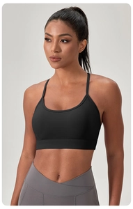 Détail d'un soutien-gorge de sport noir avec bretelles en Y et bande de soutien large