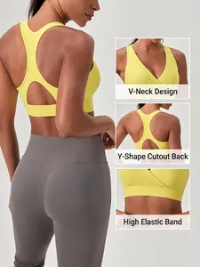 Damen Sport-Set mit gelbem V-Ausschnitt BH und grauer Leggings mit hohem Bund für Yoga