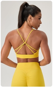 Détail du soutien-gorge de sport jaune à bretelles croisées et legging froncé taille haute