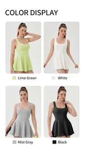 Detailed four-color view of breathable tennis dresses with racerback and pleated skirt