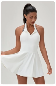 Close-up of contrast collar with black stripes on white halter tennis dress neck