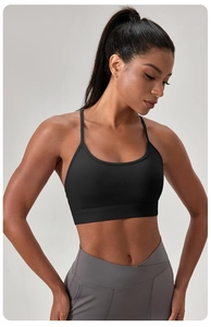 Détail de face d'un soutien-gorge de sport noir à fines bretelles et large ourlet élastique