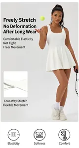 Detail showing the four-way stretch and flexible fabric of the white tennis dress
