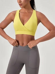 Damen Sport-BH mit V-Ausschnitt in Gelb und graue Yoga-Leggings mit hoher Taille und Taschen