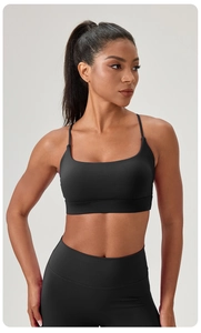 Détail du soutien-gorge de sport noir avec fines bretelles et décolleté carré sur modèle