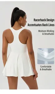 Detail of white racerback tennis dress with pleated skirt and breathable mesh fabric